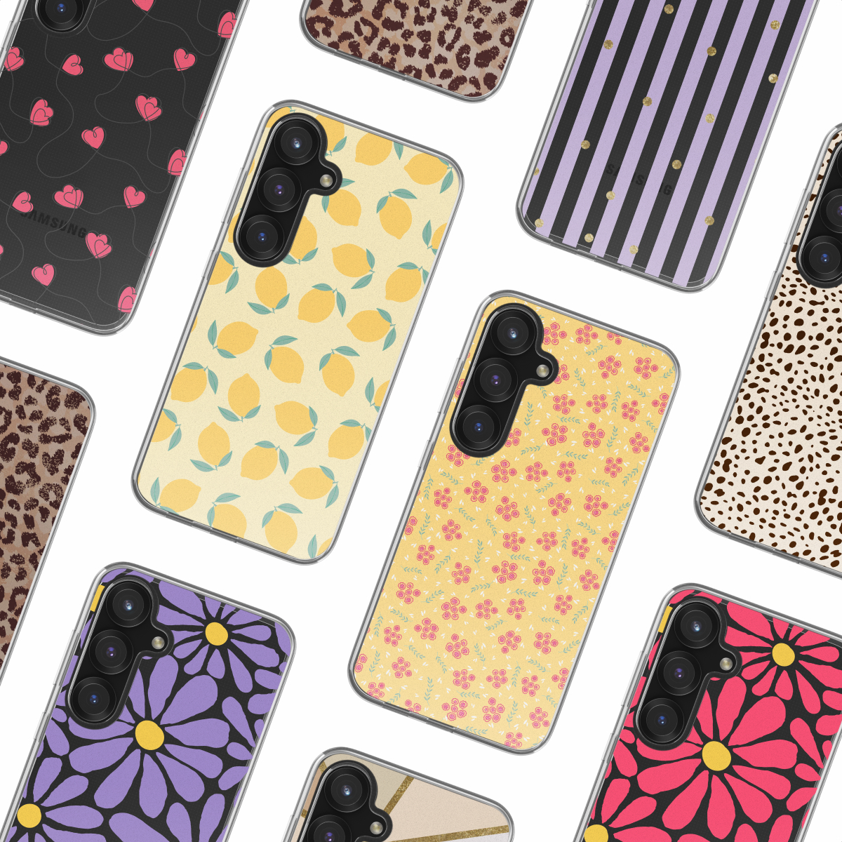 Een verzameling telefoonhoesjes met verschillende patronen, waaronder citroenen, bloemen en dierenprints.