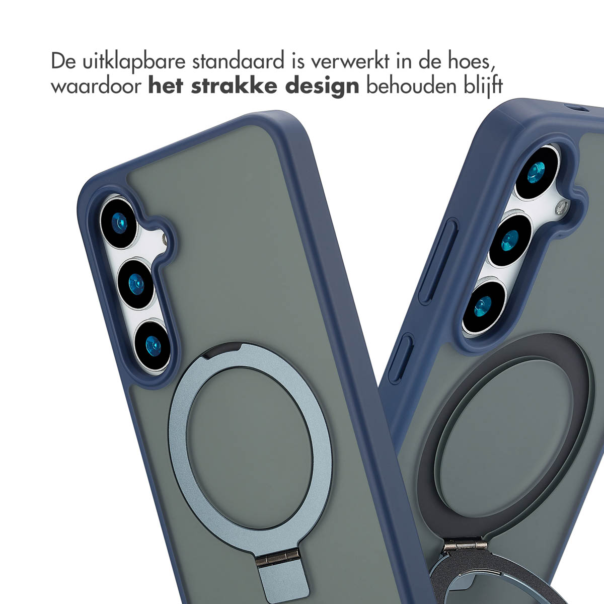 Deux coques de téléphone, gris-bleu et gris, avec un support annulaire.