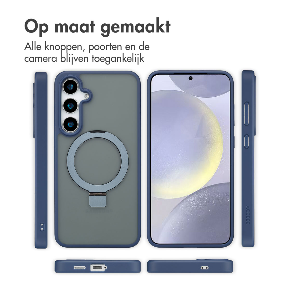 Plusieurs étuis de téléphone avec différentes vues. Texte: 'Fait sur mesure'. Plusieurs couleurs sont visibles.