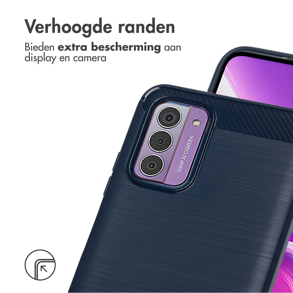Telefoonhoesje, donkerblauw, rondom een telefoon, met verhoogde randen. De telefoon toont de camera.