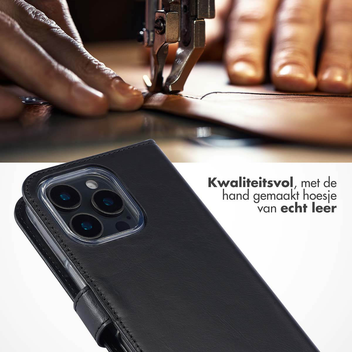 SELENCIA Echt Lederen Bookcase - Geschikt voor Apple iPhone 16 Pro - Telefoonhoesje voor Apple iPhone 16 Pro Zwart