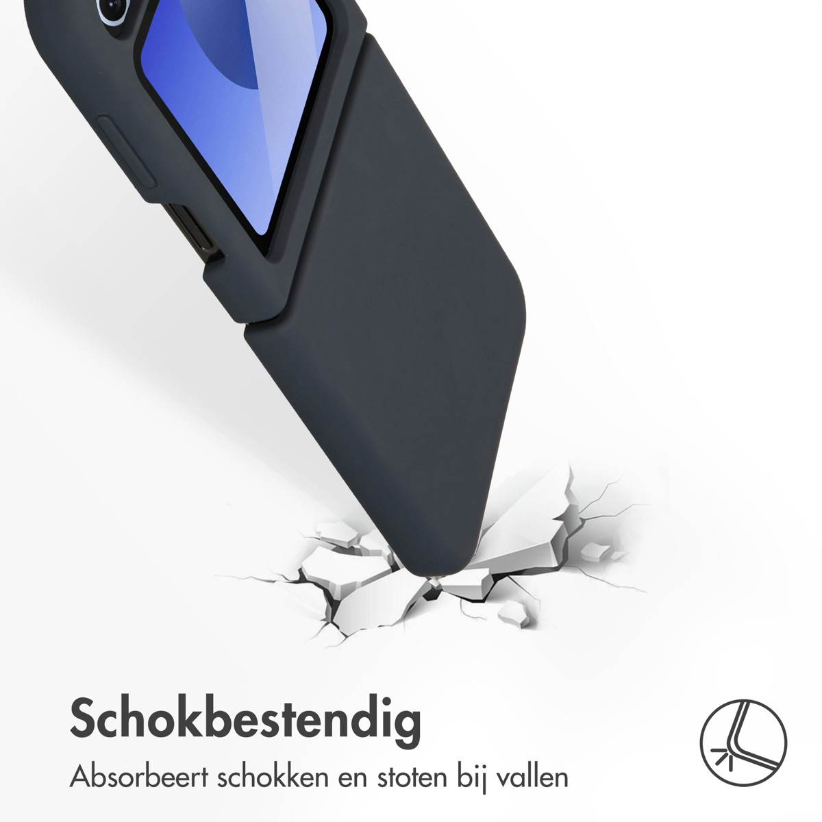 Een donkergrijs telefoonhoesje wordt getoond in een schokbestendige display, die de impact absorbeert.
