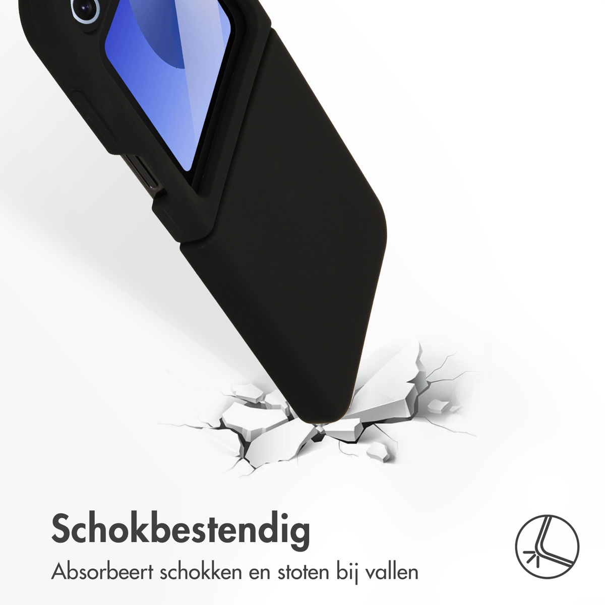 Un téléphone dans un étui noir tombe, brisant une surface. Design antichoc.