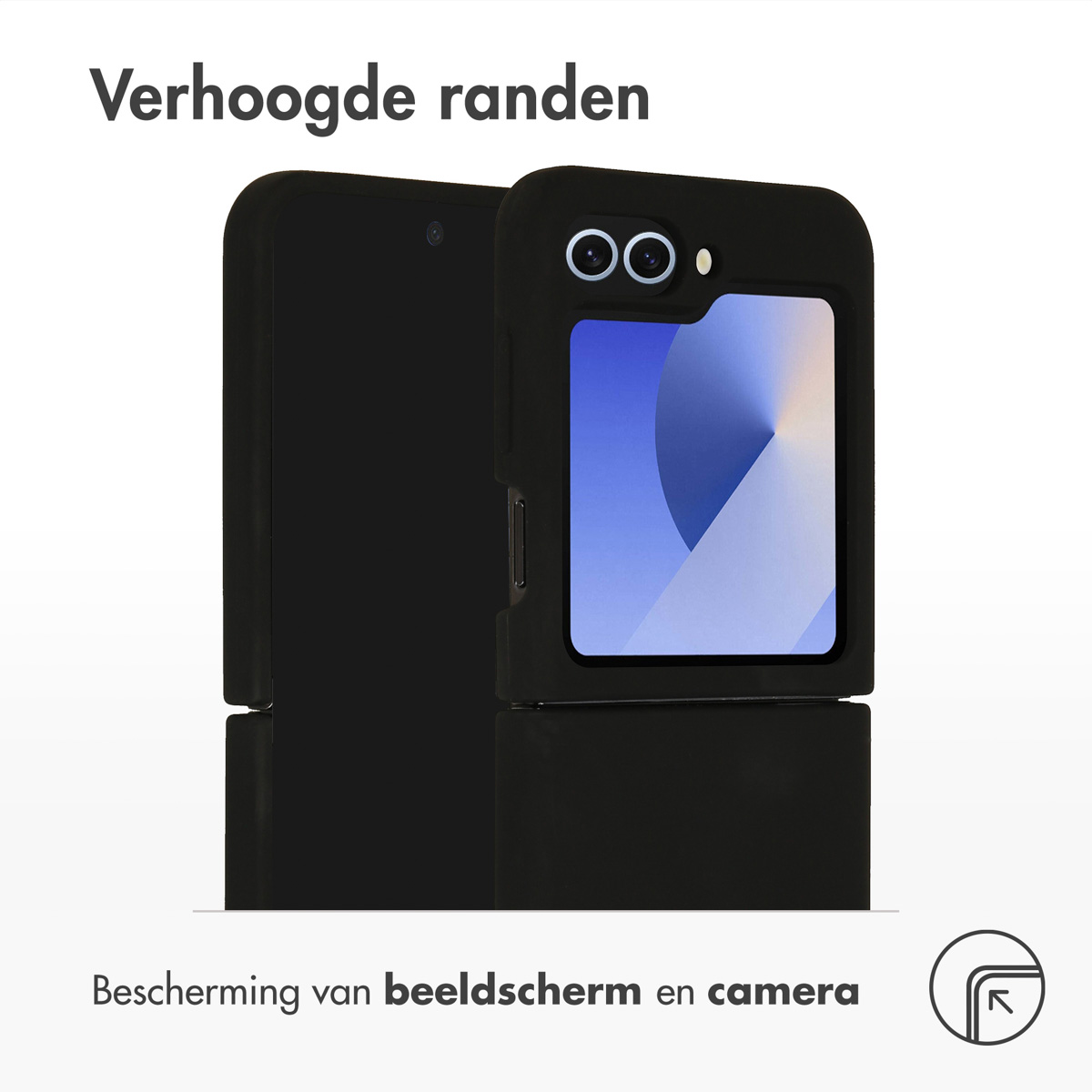 Étui de téléphone noir avec téléphone. Texte: Protection écran et caméra.