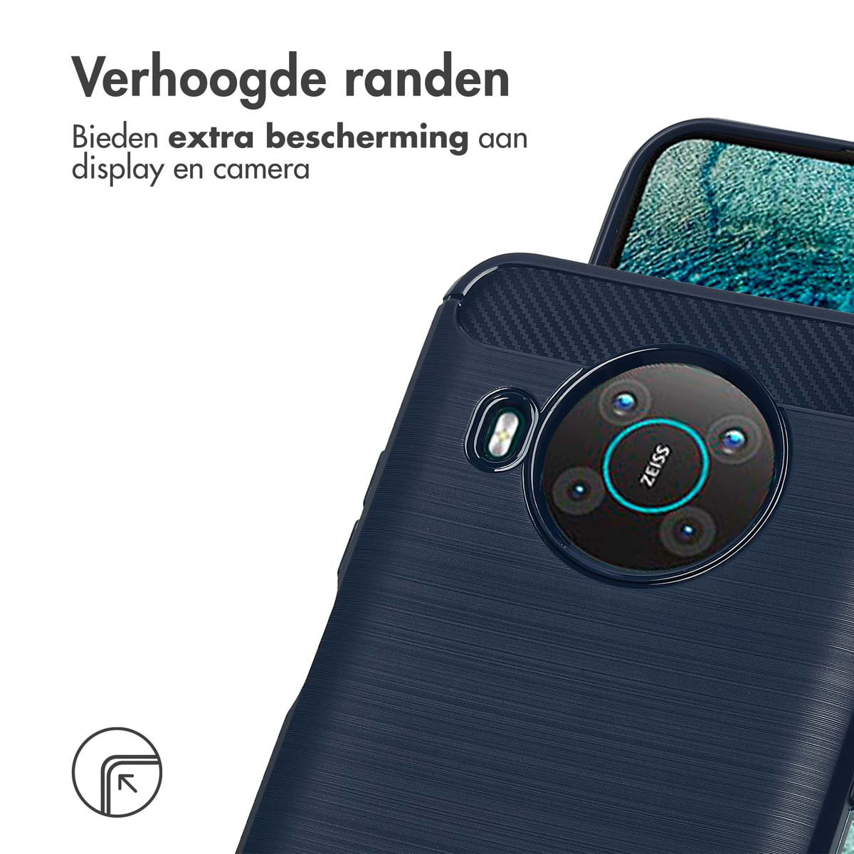 Dunkelblaue Handyhülle mit erhöhten Kanten. Telefon im Inneren, schützt Display und Kamera.
