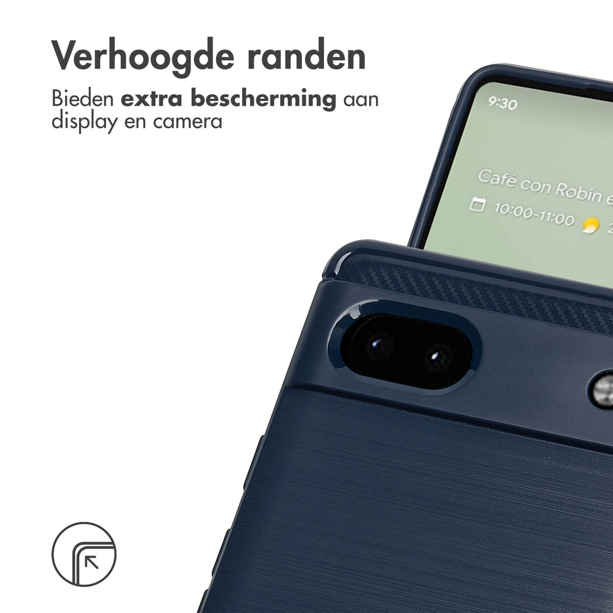 Nahaufnahme einer dunkelblauen Handyhülle mit Telefon und Text: 'Verhoogde randen' (Erhöhte Kanten).