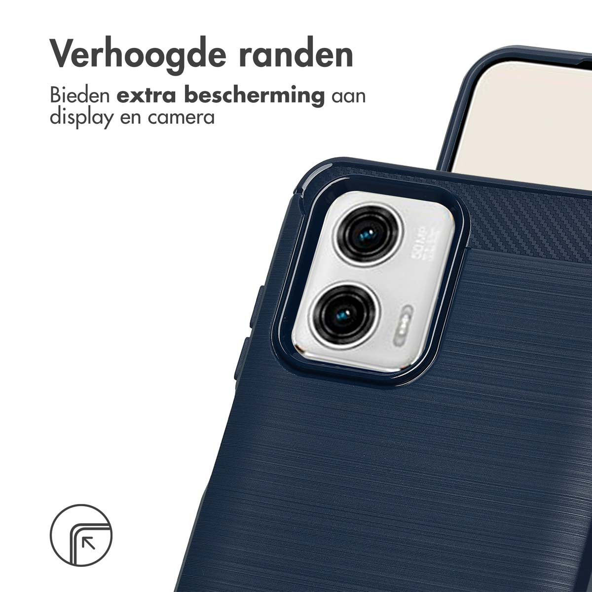 Close-up van een donkerblauwe telefoonhoes met camera en zichtbaar scherm.
