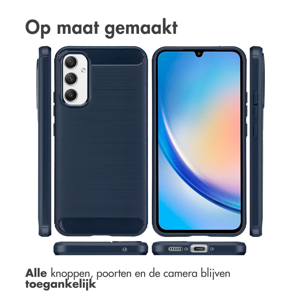 Custodia per telefono blu navy con finitura strutturata, che mostra telefono, pulsanti e accesso alla fotocamera.