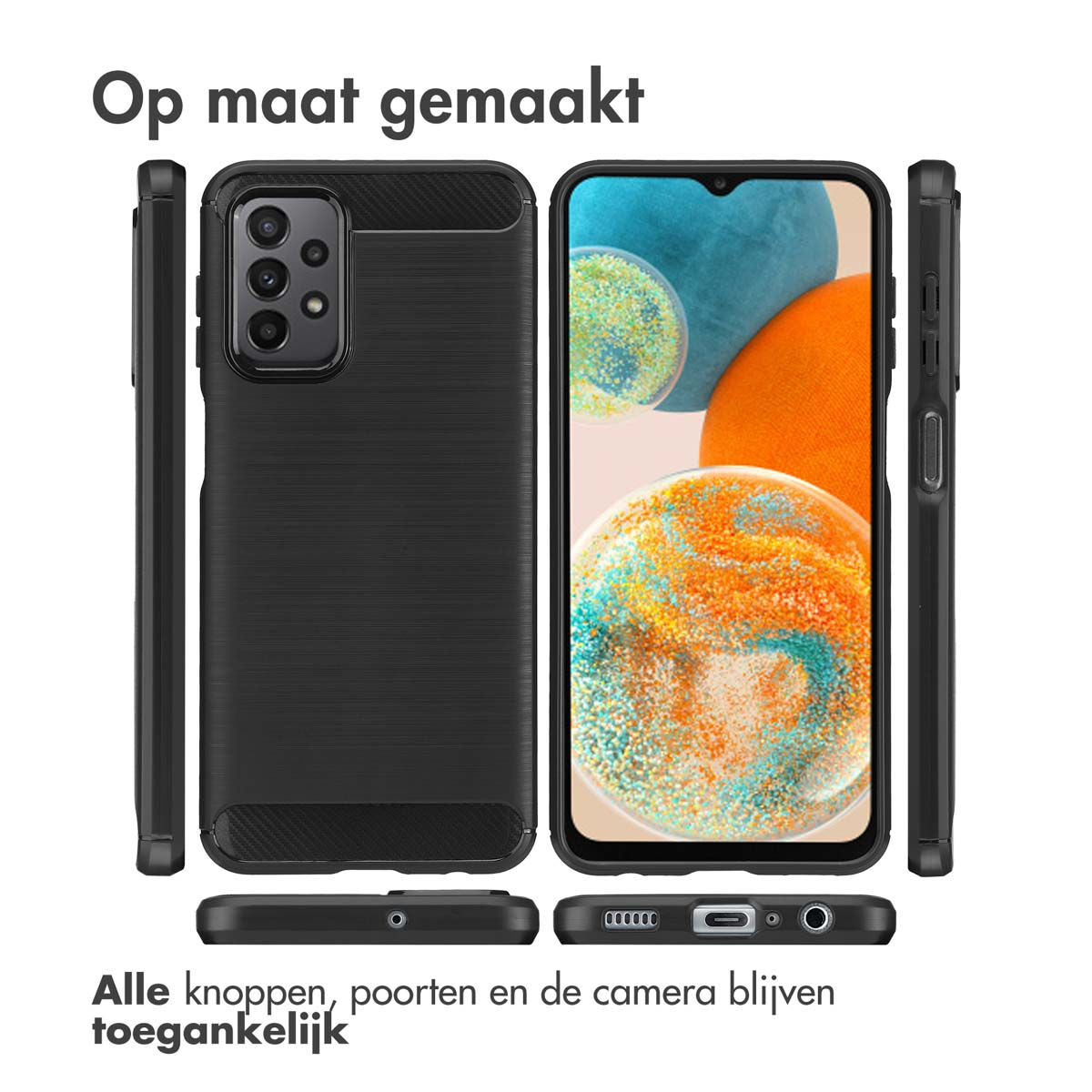 Coque de téléphone avec un design noir texturé. Plusieurs vues de la coque sont présentées.