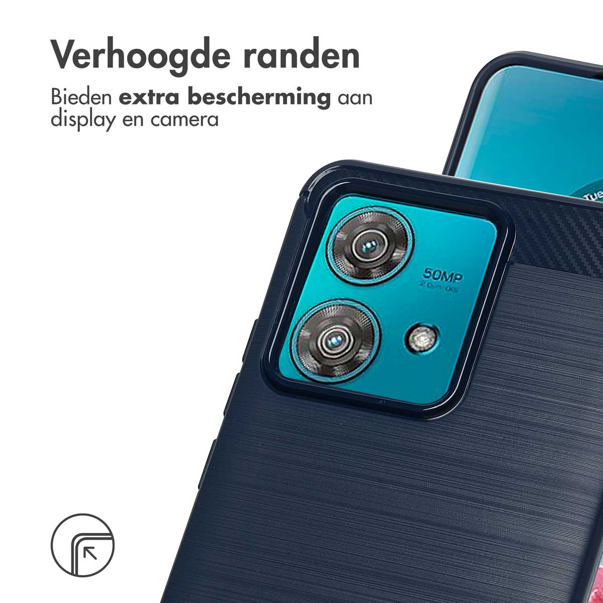 Een telefoonhoesje met een zwart frame en een 50MP camera. De hoes beschermt de telefooncamera.