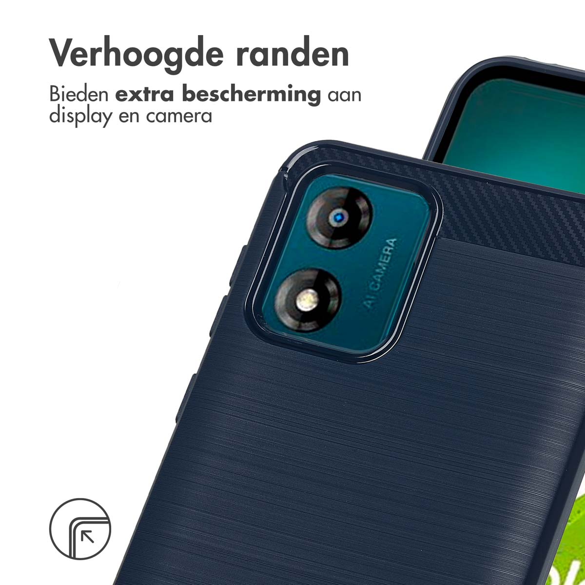Donkerblauwe telefoonhoes met camera. De camera zit in de hoek.