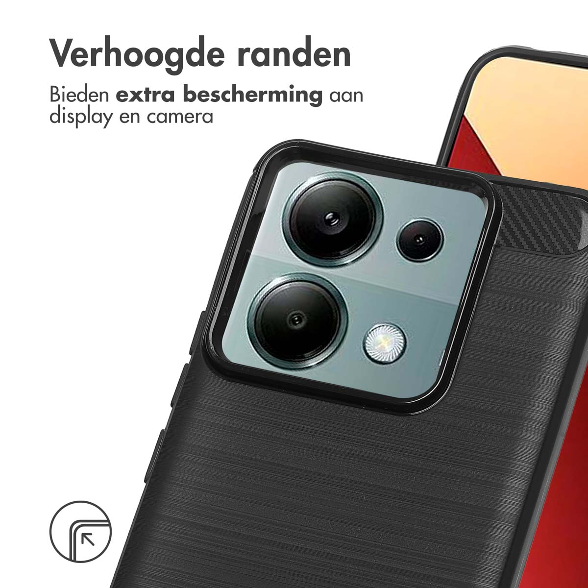 Custodia per telefono con area fotocamera, che mostra la fotocamera del telefono, in primo piano.