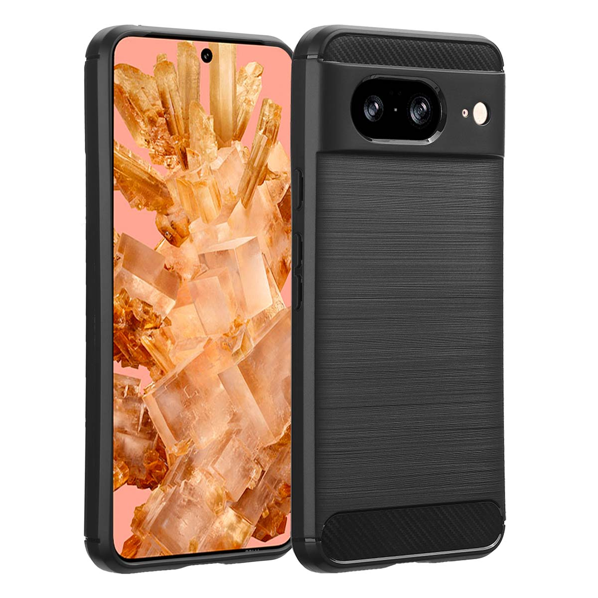 Custodia nera sul telefono. Il telefono mostra uno sfondo con struttura cristallina rosa e arancione.