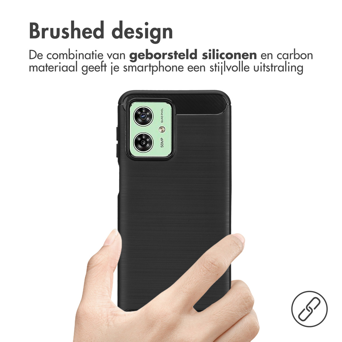 Hand die een zwart telefoonhoesje met een geborsteld design vasthoudt. Tekst: Geborsteld design, combinatie van siliconen.