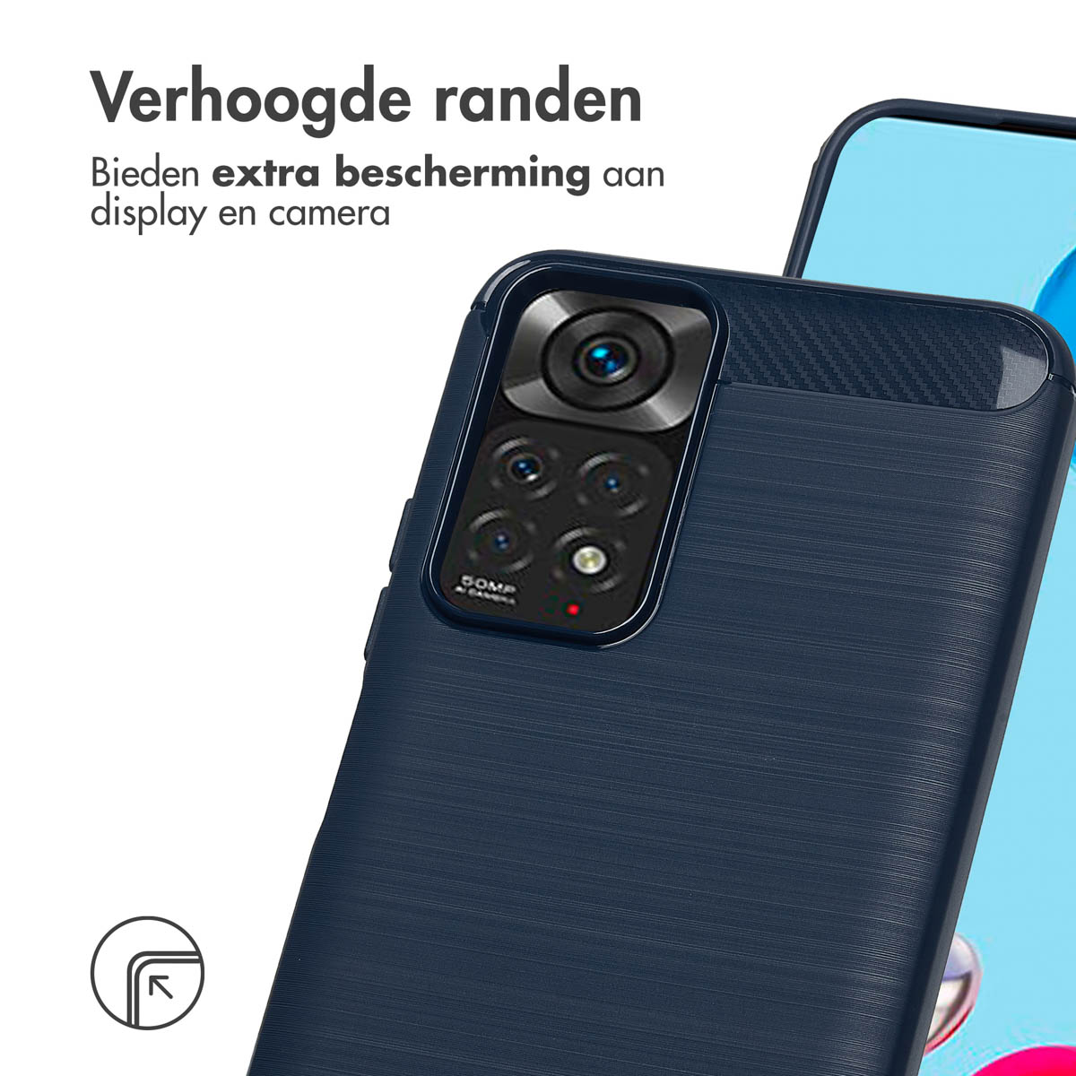 Coque de téléphone bleu marine avec détail de caméra. Texte : 'Bords surélevés' offrent une protection supplémentaire.