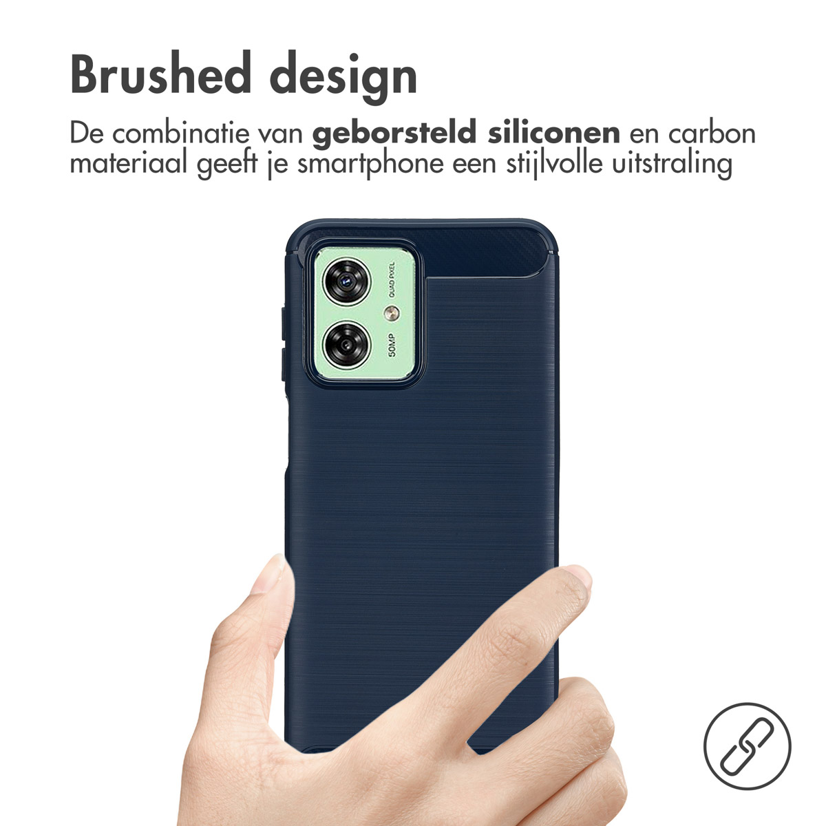 Donkerblauwe telefoonhoes met geborstelde textuur, hand vasthoudend, camera zichtbaar.