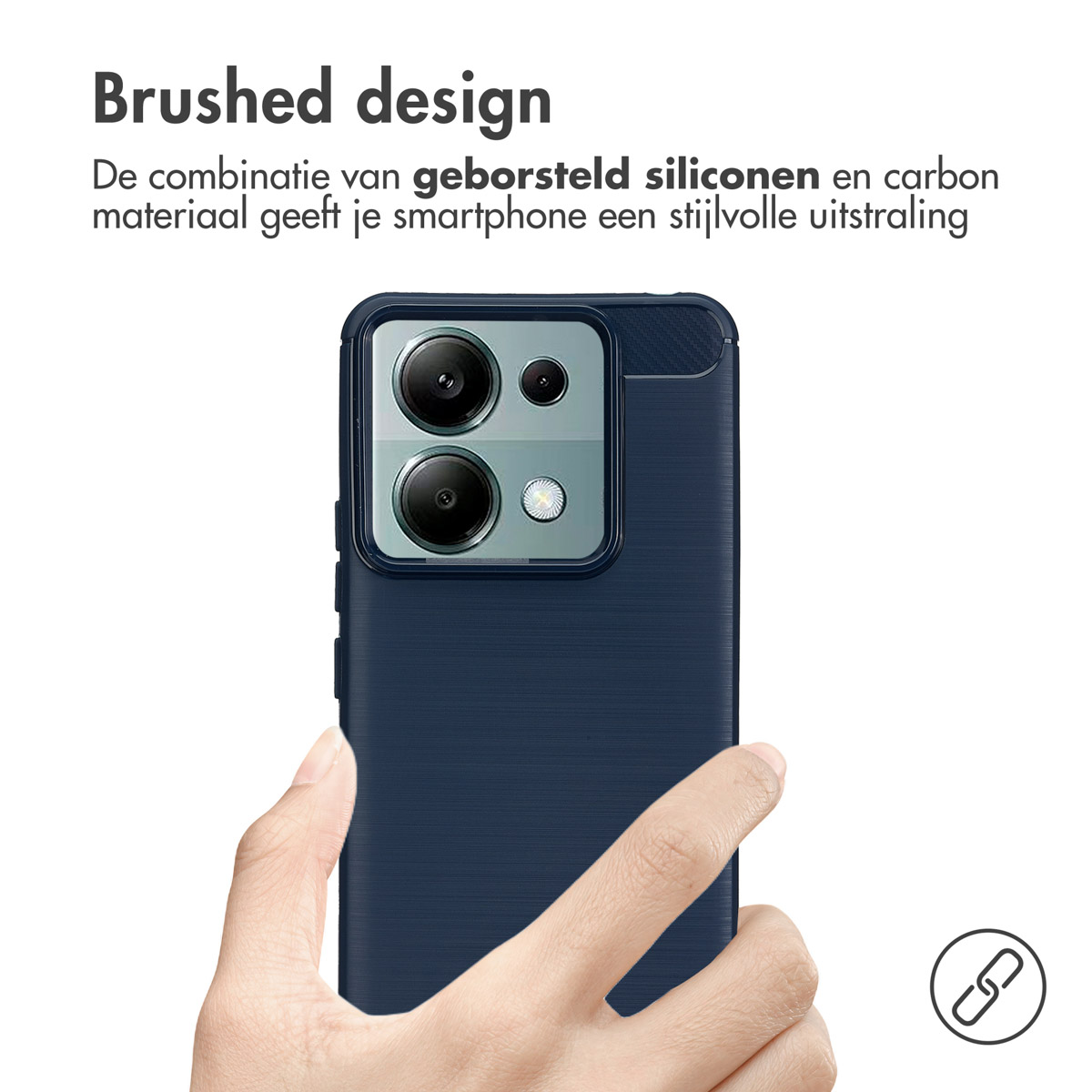 Hand hält Telefon mit dunkelblauer Handyhülle. Text: Gebürstetes Design.