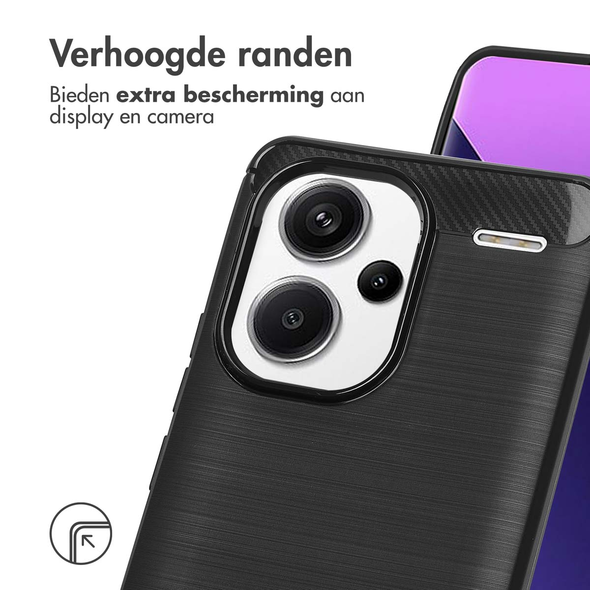 Een zwarte telefoonhoes met een dubbele camera-opstelling. De achtergrond is een lichtere tint.