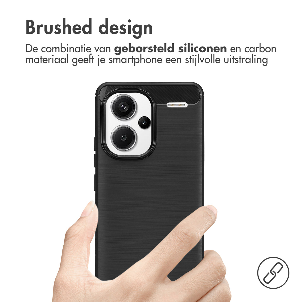 Zwarte telefoonhoes met een geborsteld ontwerp, vastgehouden door een hand, met een ketting-icoon.