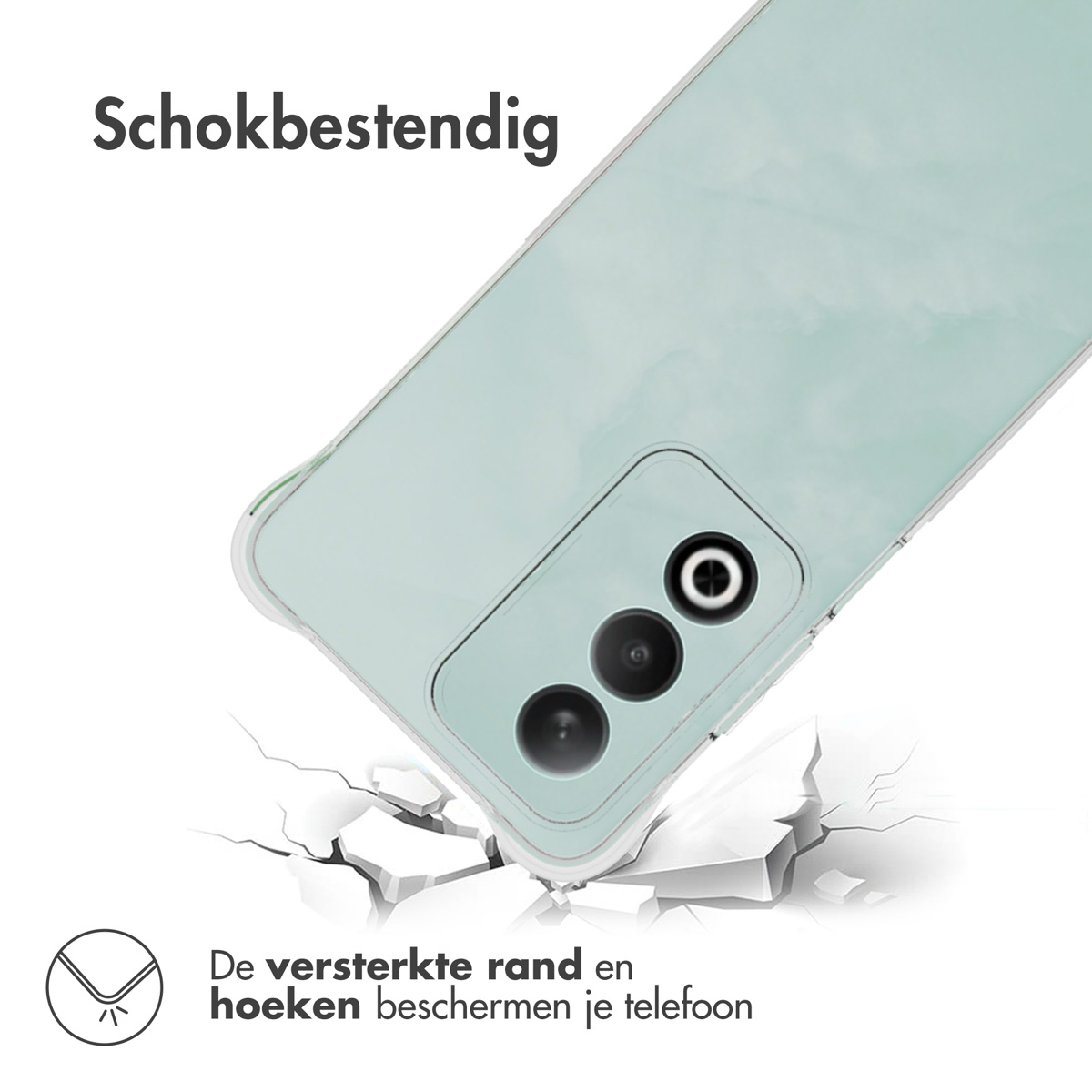 Een mintgroene telefoonhoes met de hoek van een telefoon zichtbaar, scheuren rond het impactpunt.
