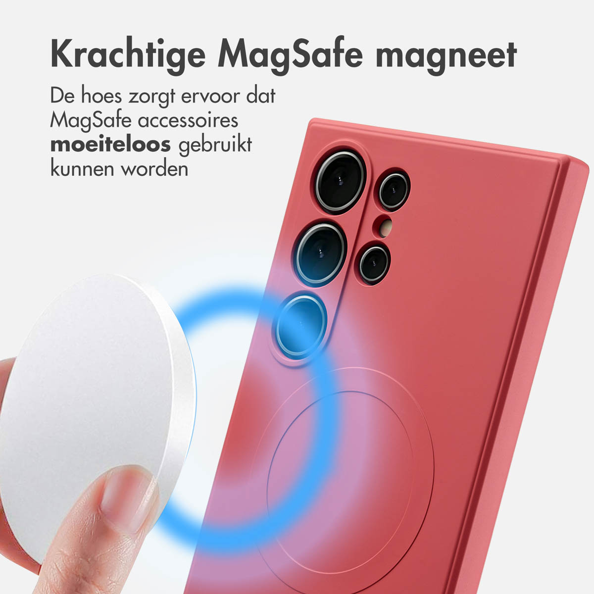 Une coque de téléphone rouge avec un socle de chargement blanc, une lueur bleue et l'appareil photo du téléphone. Le texte dit 'Aimant MagSafe'.