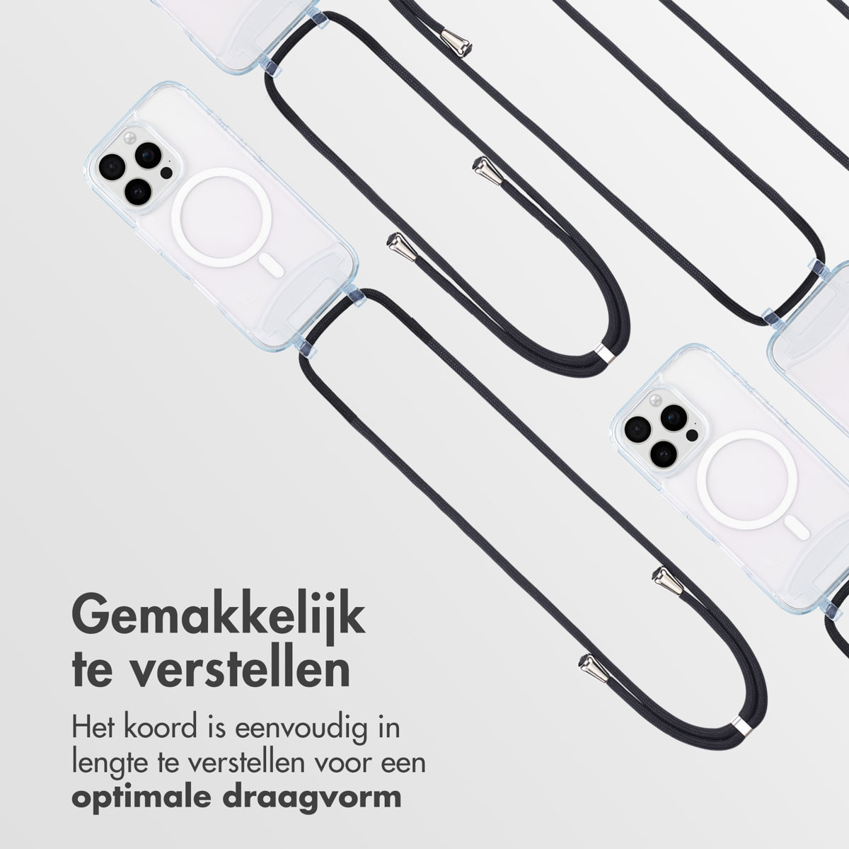 Plusieurs coques de téléphone transparentes avec cordons noirs, sur fond blanc. MagSafe visible.