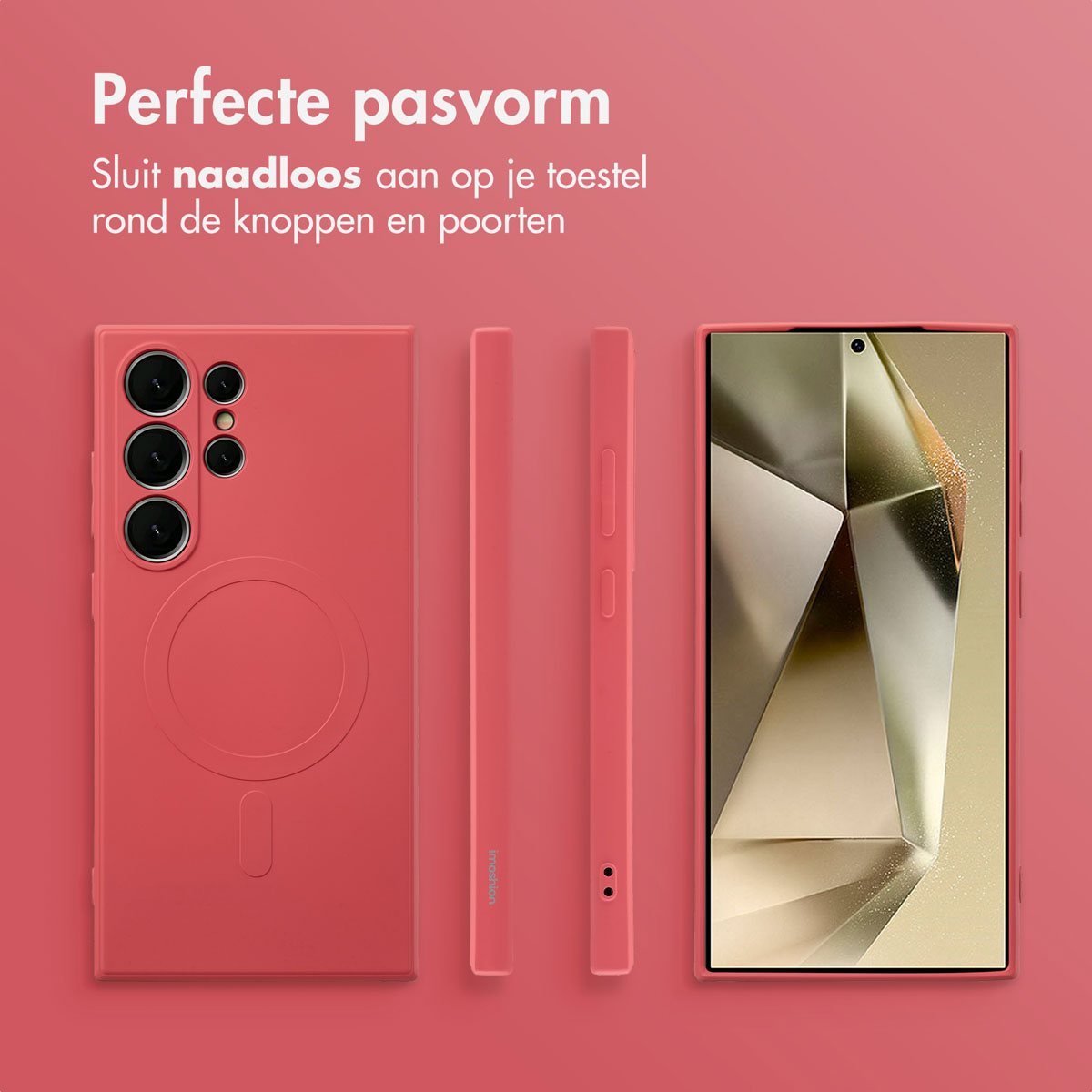 Une coque de téléphone corail. Trois vues. Le téléphone est placé sur une surface corail.