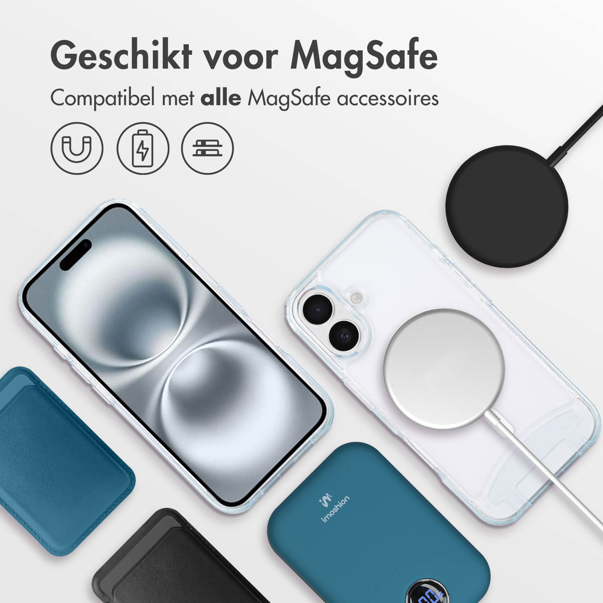Divers accessoires MagSafe sont affichés autour d'un téléphone.