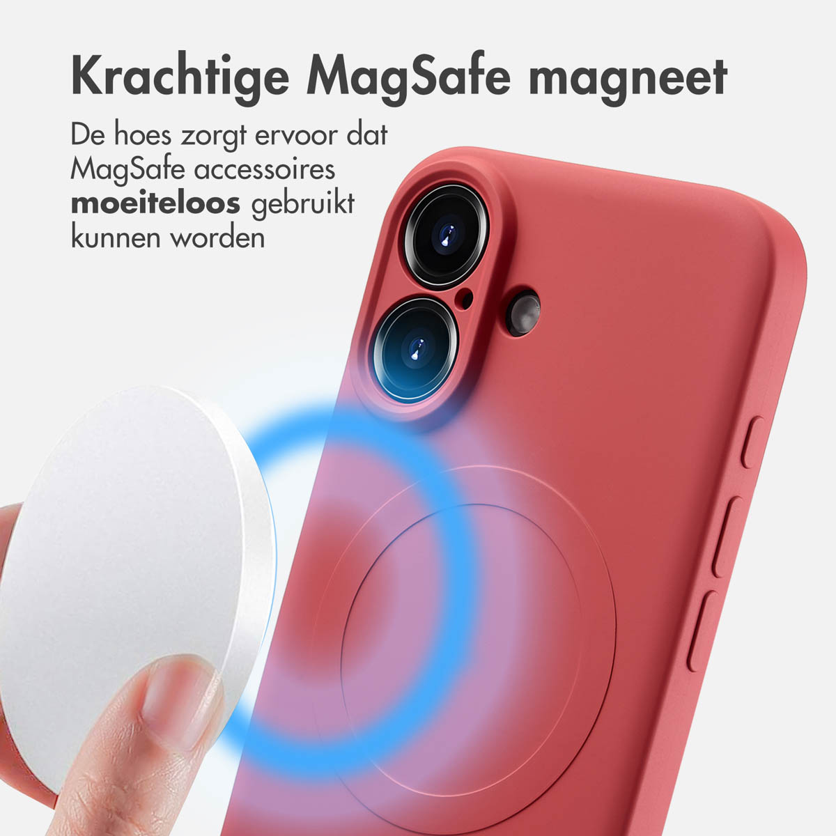 Étui de téléphone rouge avec un chargeur MagSafe blanc. Texte : 'Aimant MagSafe'.