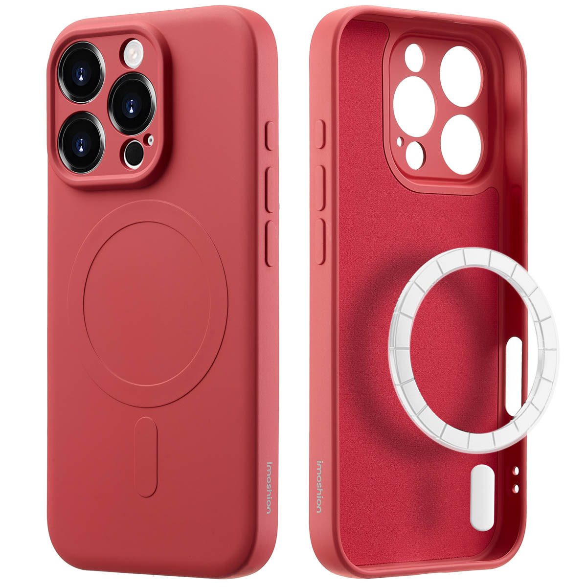 Rode telefoonhoes met een cirkelvormige magneet. Twee weergaven van de hoes, een met en een zonder de magneet.