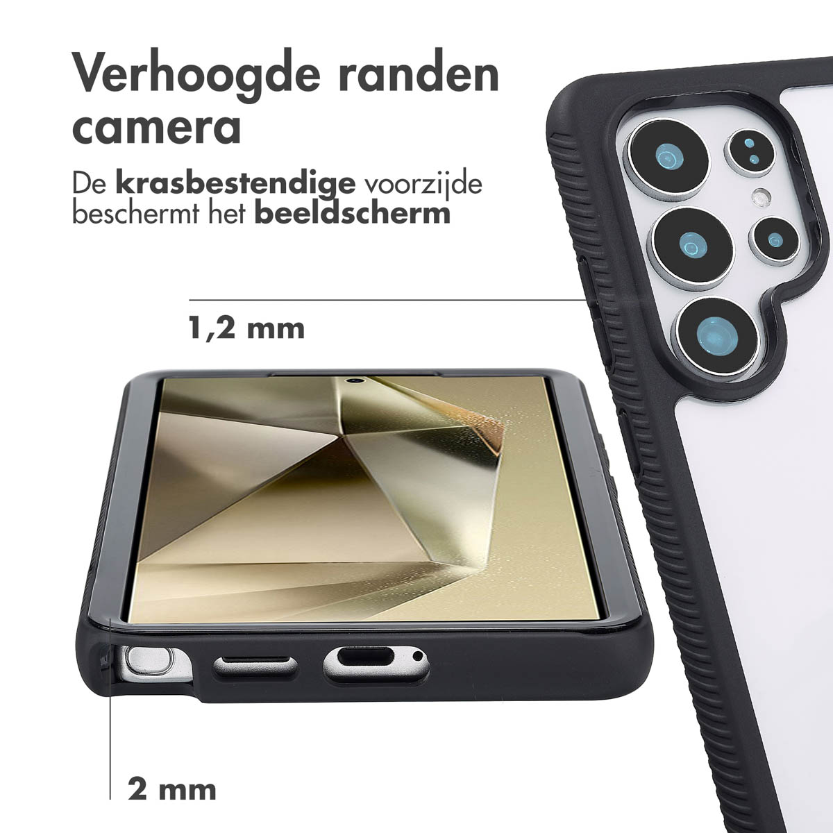 Phone with a black case. The case has a screen protector. The case is black. 1.2mm and 2mm dimensions.