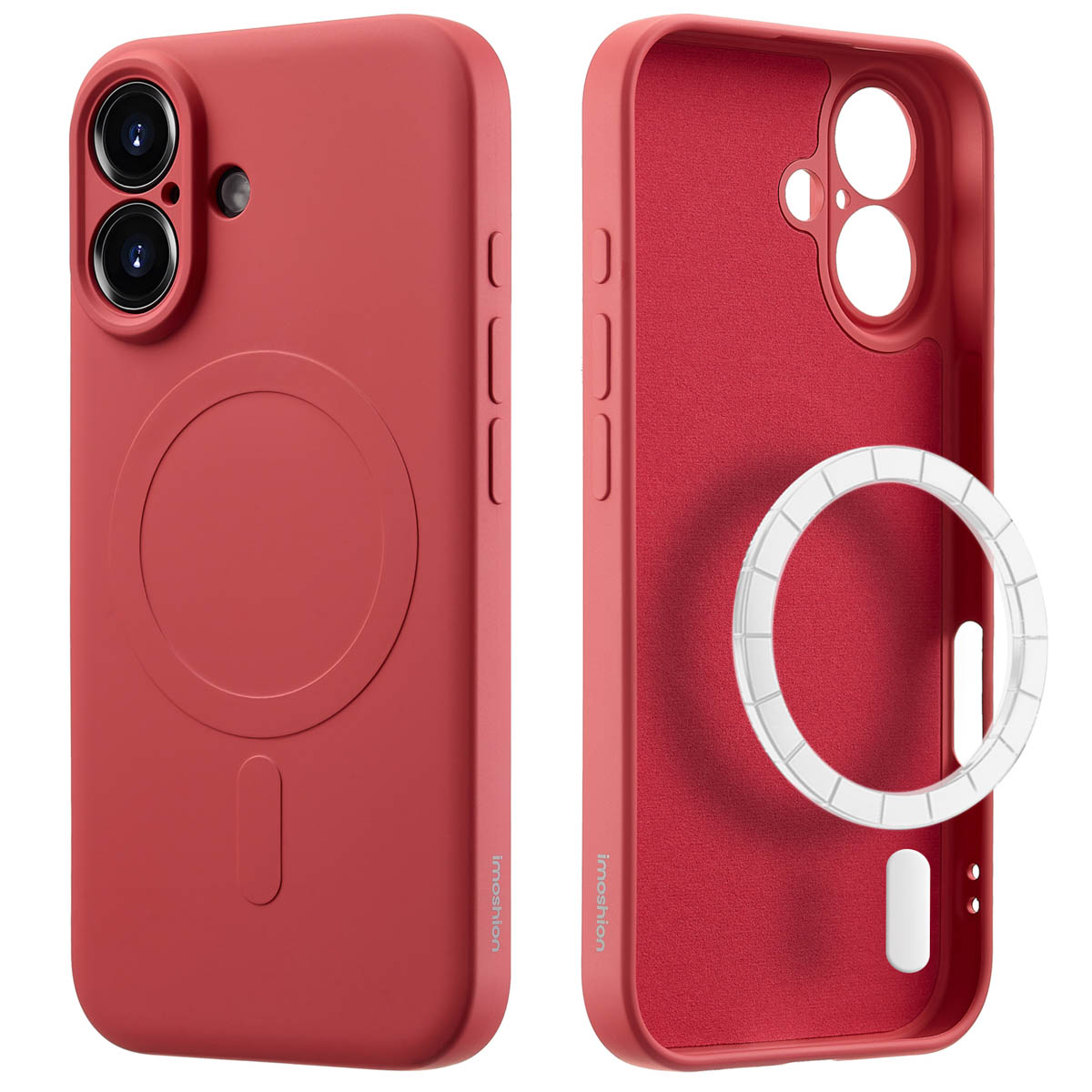 Deux coques de téléphone rouges. Une avec un cercle au dos, une ouverte. Fond blanc avec texte.