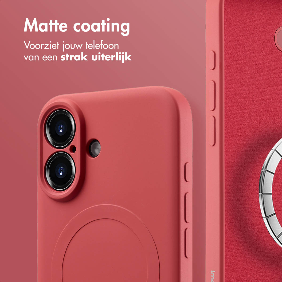 Gros plan sur une coque de téléphone rouge, montrant les lentilles de l'appareil photo et un anneau MagSafe. La coque a une texture mate.