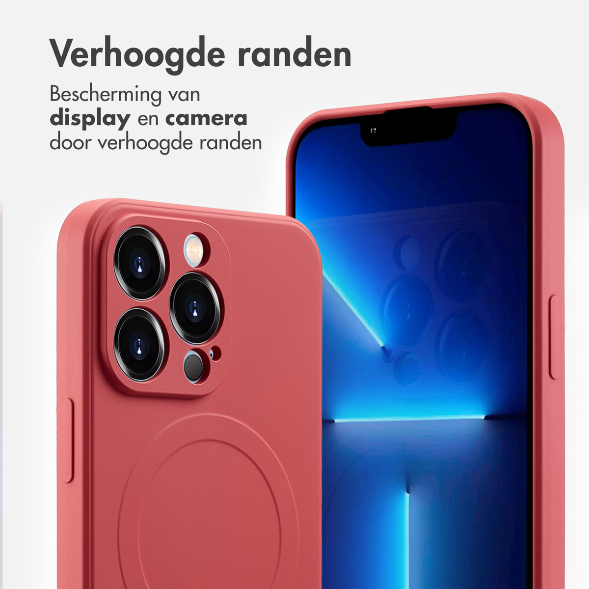 Rode telefoonhoes. De hoes heeft een verhoogde rand voor scherm- en camerabescherming. Witte achtergrond.