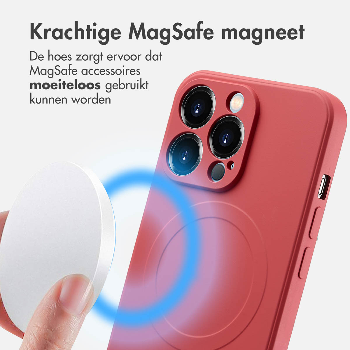 Een rode telefoonhoes met een witte MagSafe-oplader en een blauwe magnetische cirkel.