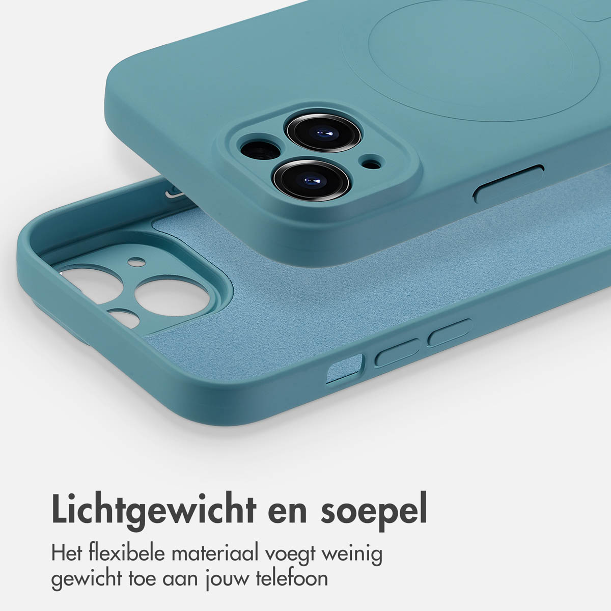 Blue phone case with a MagSafe circle. It is lightweight and soft, adding little weight to the phone.