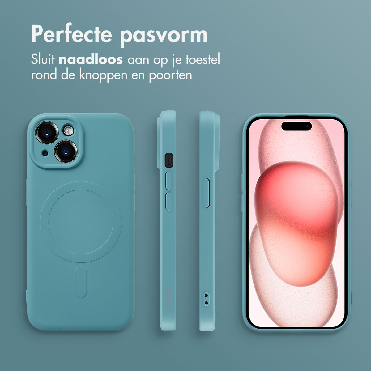 Teal phone case with a phone.