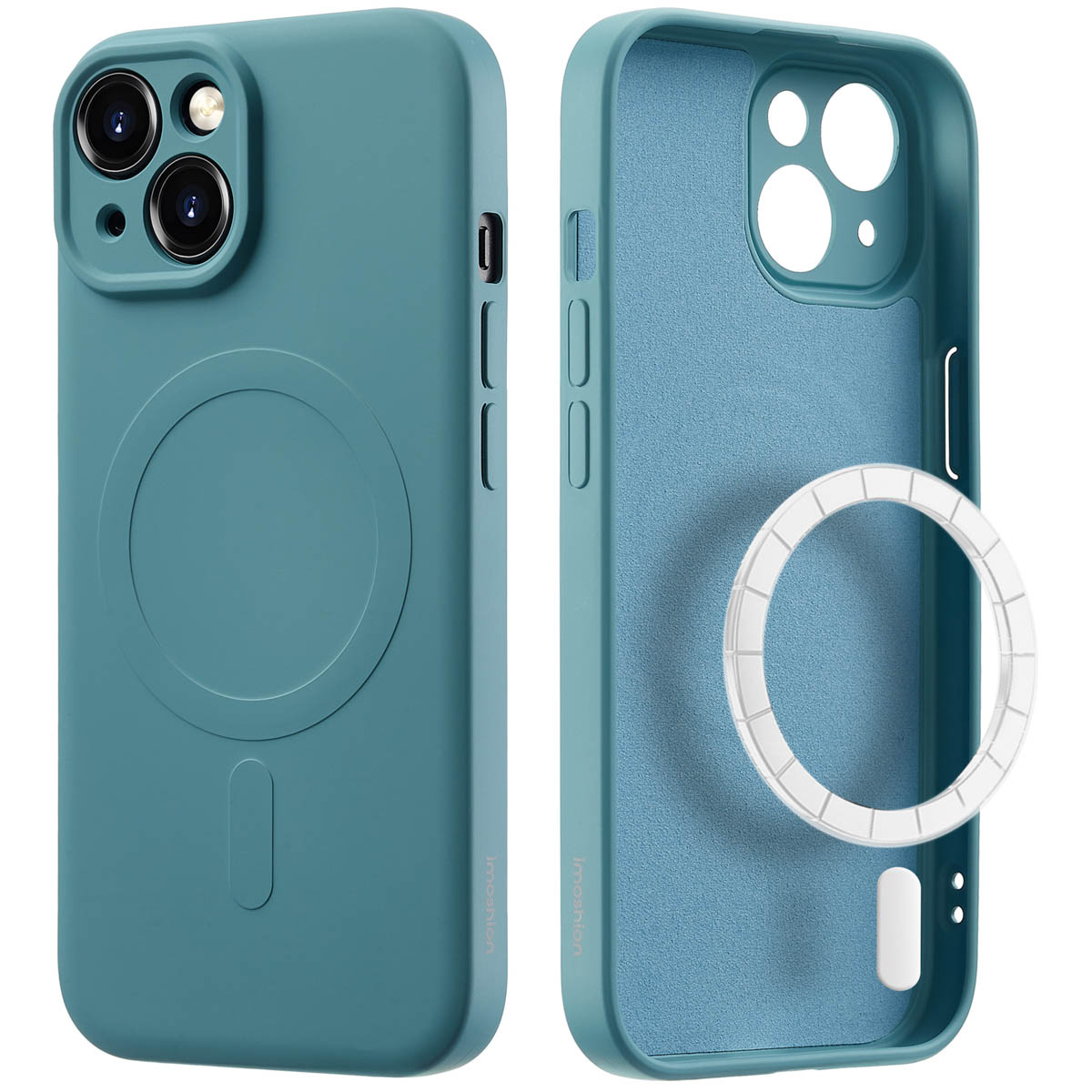 Teal phone case with a white circle, inside view.