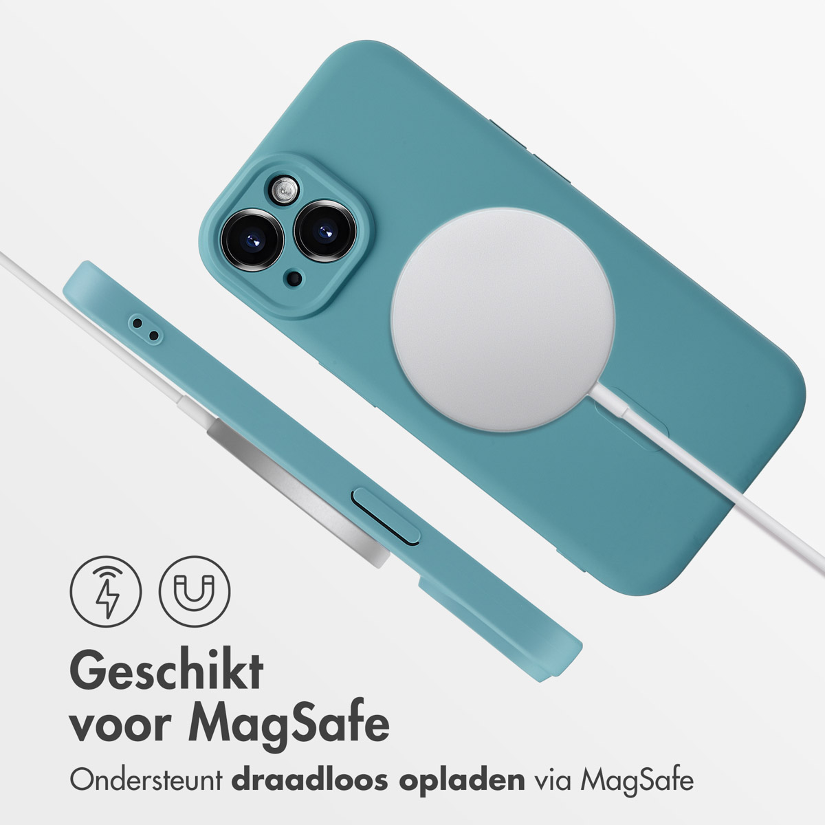 Teal phone case with a white circular charger attached, and a MagSafe logo.