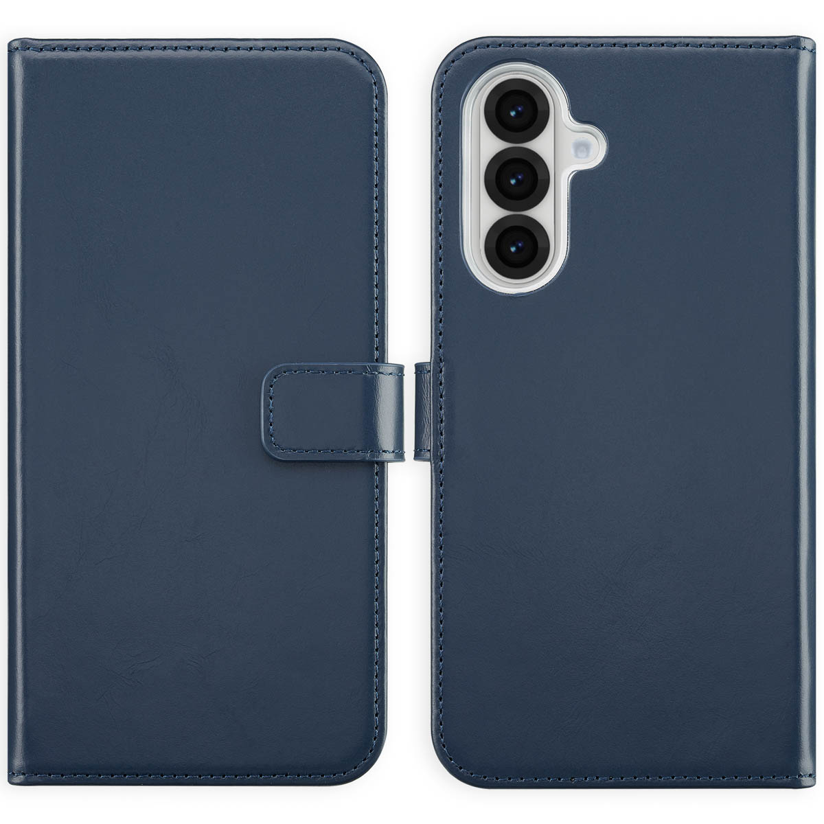 Blauwe leren telefoonhoes, open. De binnenkant heeft een telefoon. Witte achtergrond met tekst.