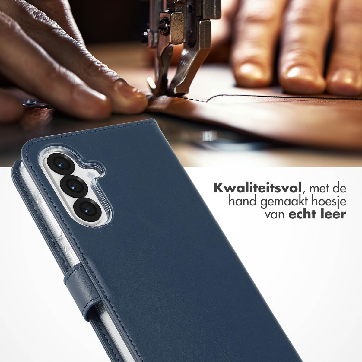 Telefoonhoesje met een ledertextuur en handen die aan het werk zijn.