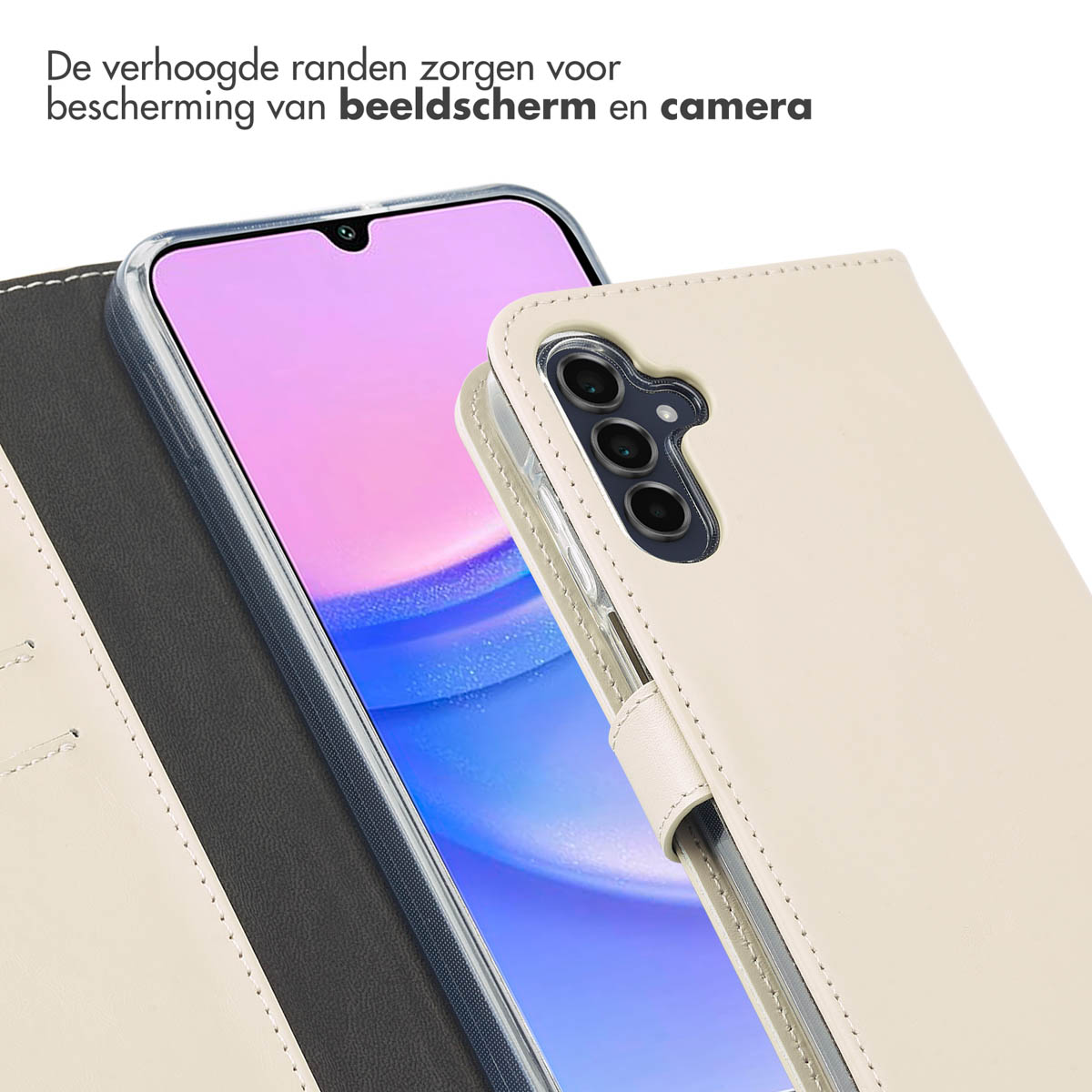 Custodia color crema con smartphone all'interno. Protegge schermo e fotocamera del telefono.