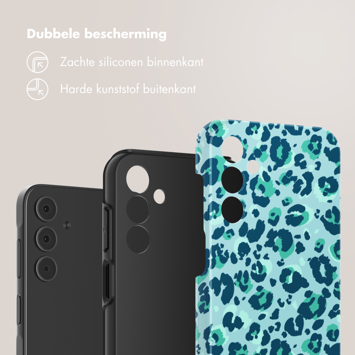 Tre custodie per telefoni: nera e con stampa leopardata verde acqua. Testo: 'Doppia protezione', con silicone morbido e plastica dura.