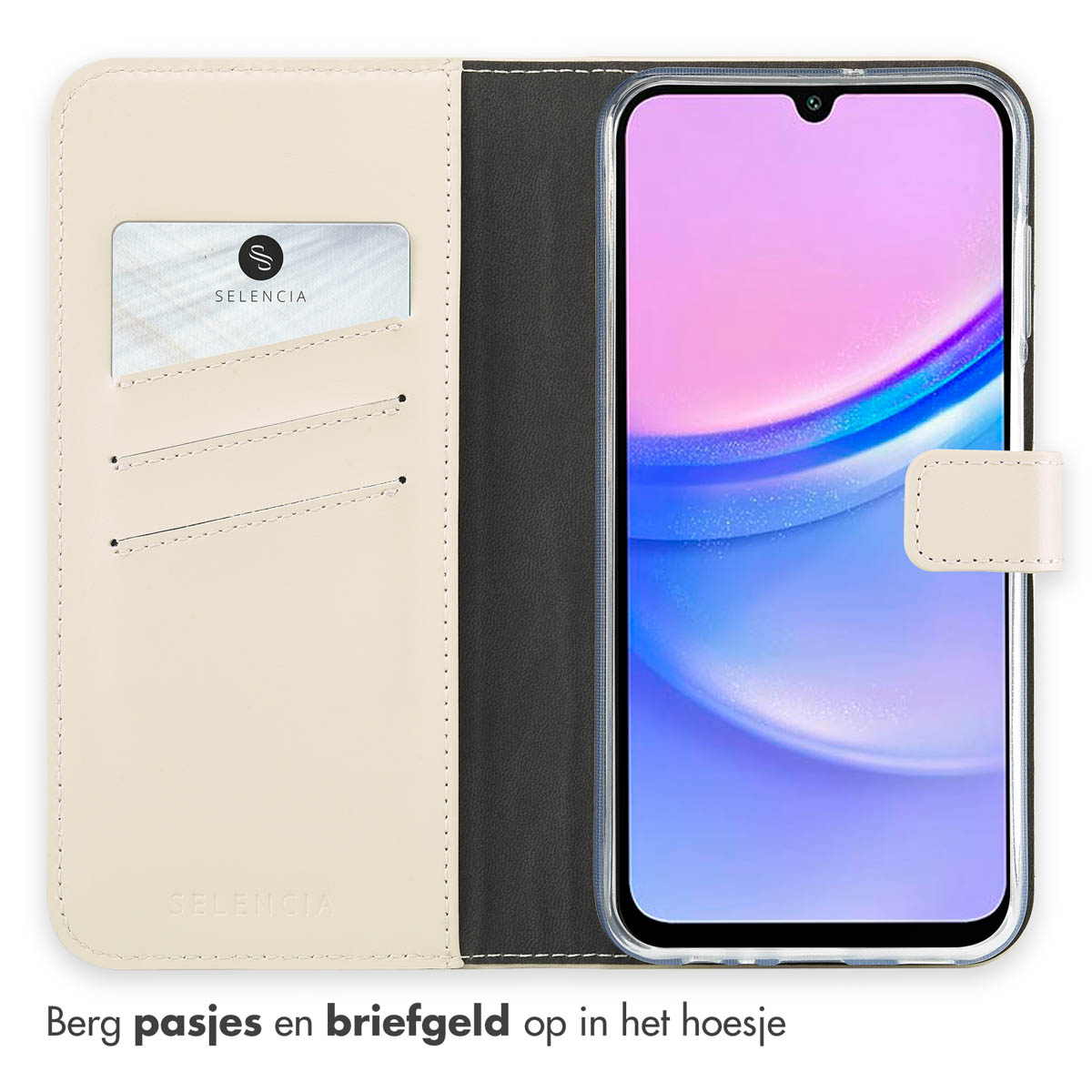 Custodia per telefono con telefono e carta. Custodia beige con schermo nero. Sfondo bianco. La custodia è aperta.