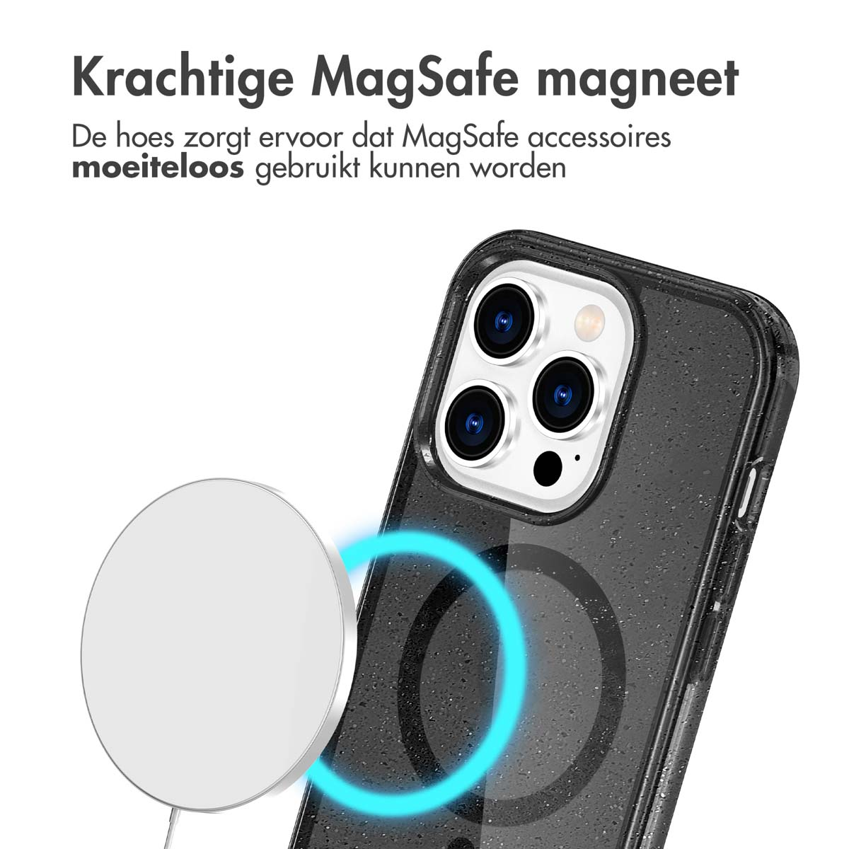 Een zwart telefoonhoesje met een witte oplaadschijf en een blauwe highlight rond de ring.
