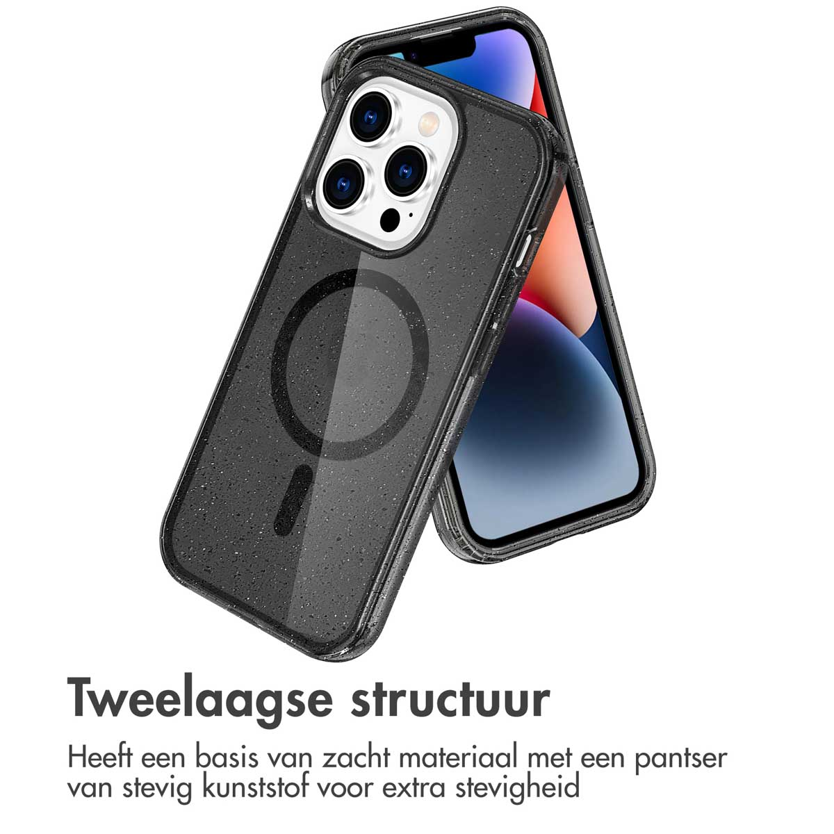 Een telefoonhoesje met een doorzichtige achterkant, met een telefoon erin. Voorzien van een magnetische cirkel.