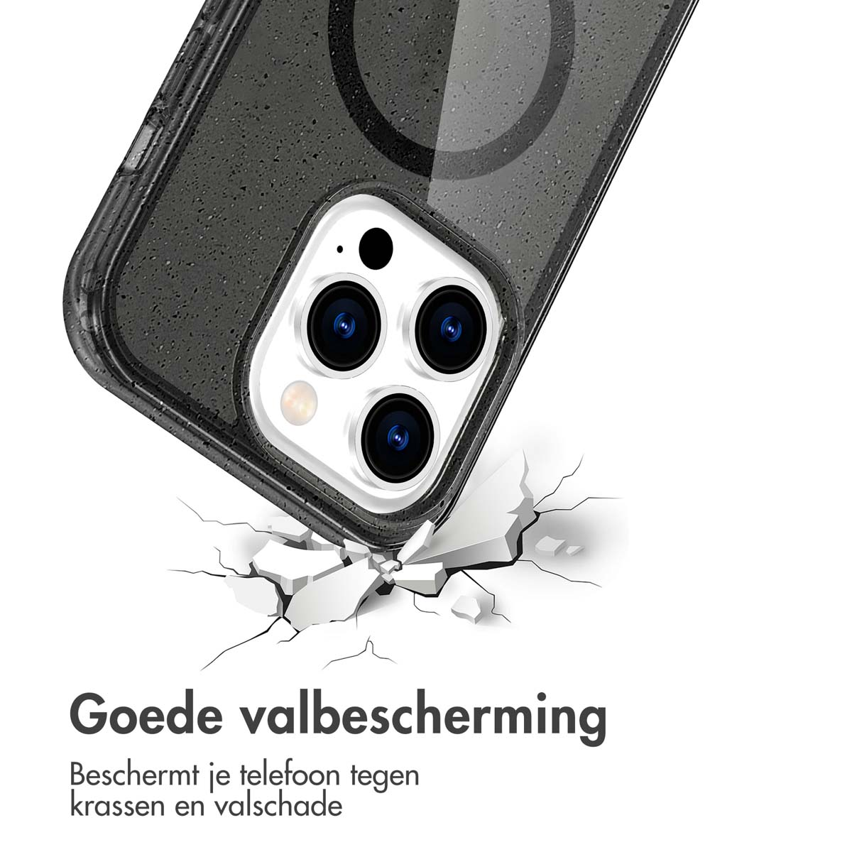 Telefoonhoesje op witte achtergrond. Telefoon barst grond. Tekst: Goede valbescherming.