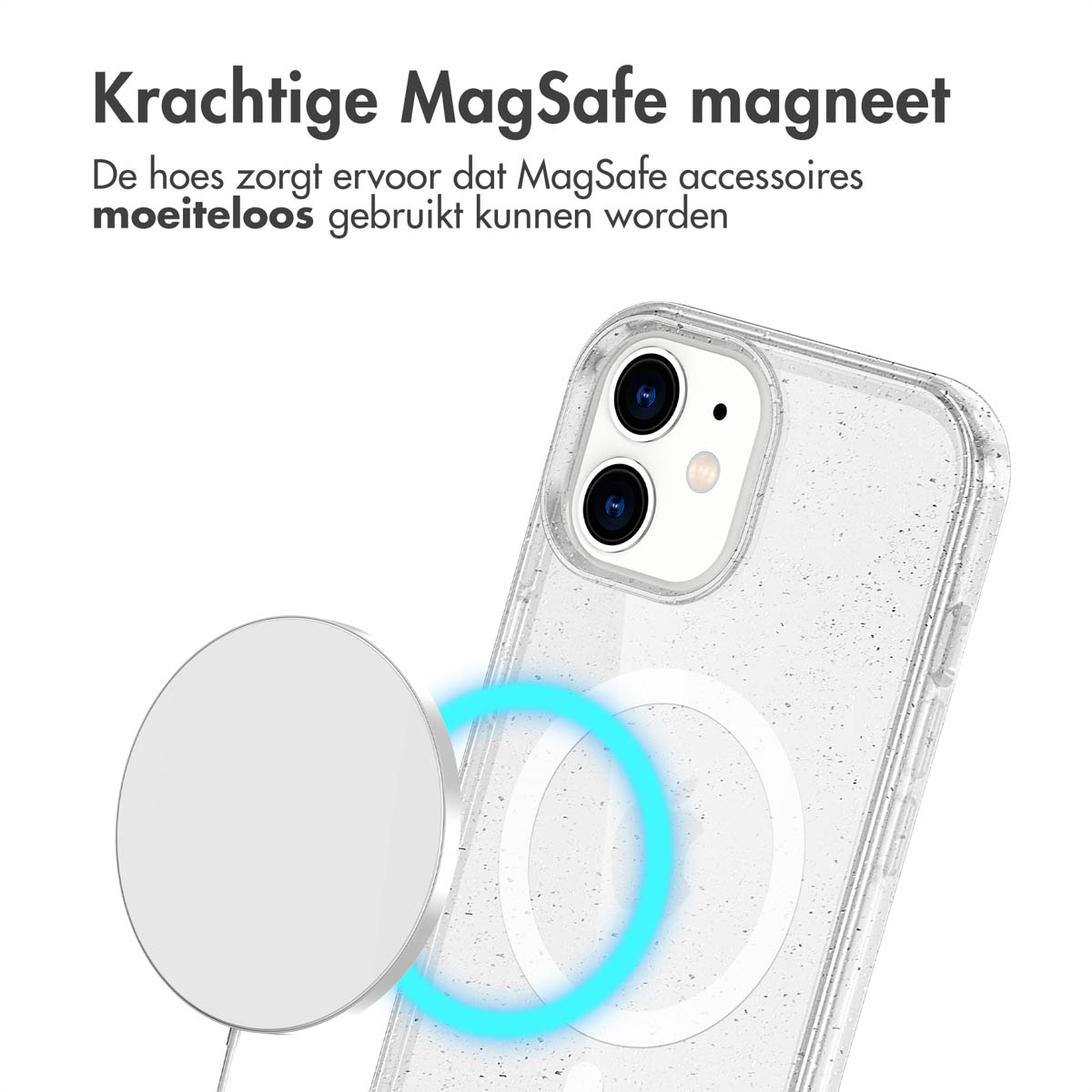 Custodia trasparente per telefono con magnete MagSafe e cerchio bianco sul retro.