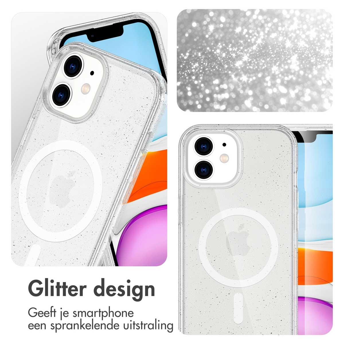 Custodie trasparenti con glitter. Testi: Design glitter, dona brillantezza al tuo smartphone.