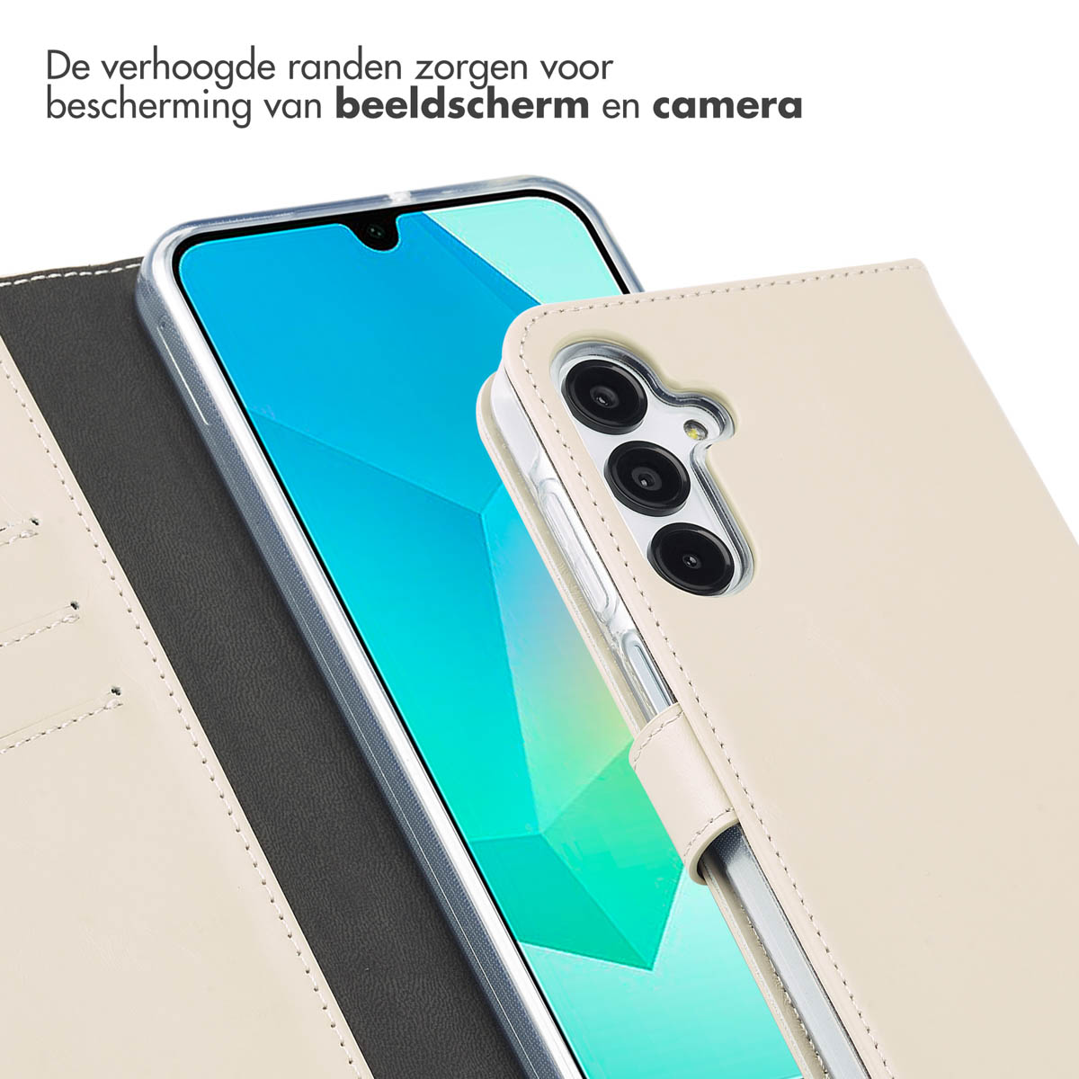 Gros plan d'un téléphone avec une coque crème, montrant la protection d'écran.